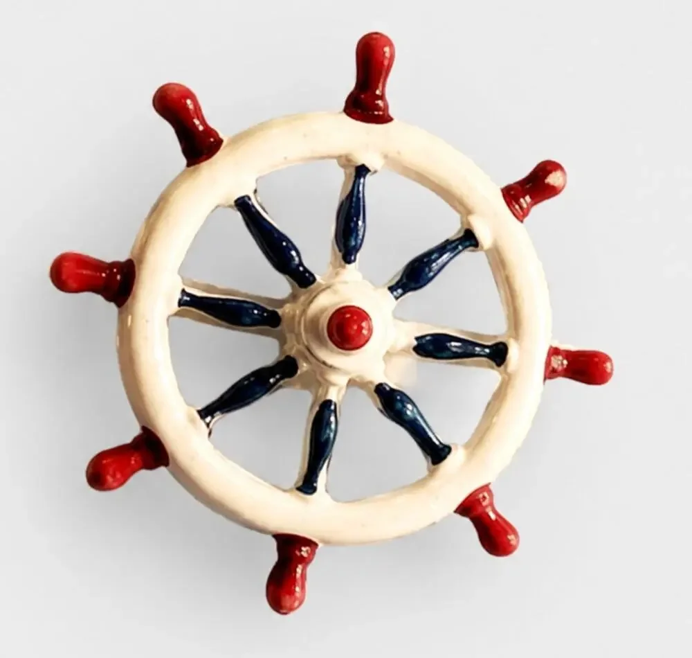 Small Vintage Nautical Pin Red‎ White Blue Enamel Ships Wheel Brooch sob-